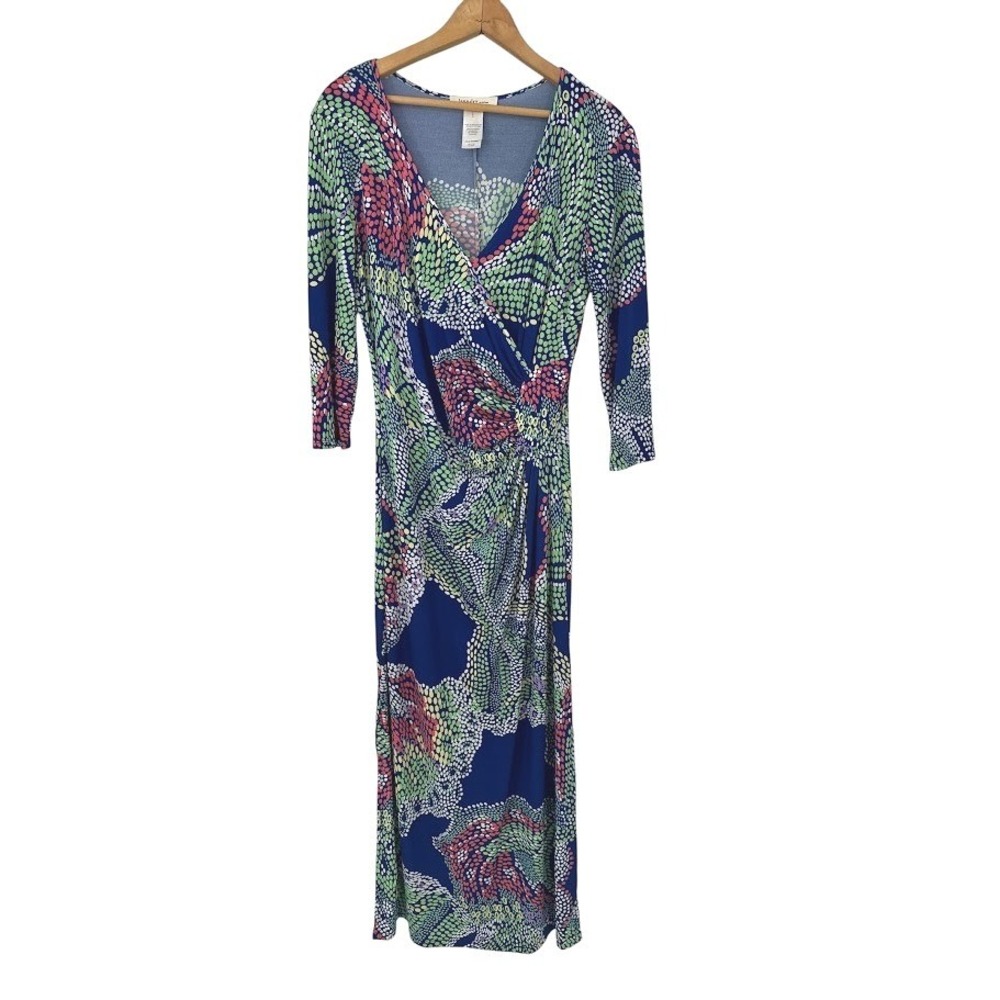 Laundry BY DESIGN Faux Wrap Maxi Dress L Blue Slinky Stretch 3/4‎ Sleeve Travel